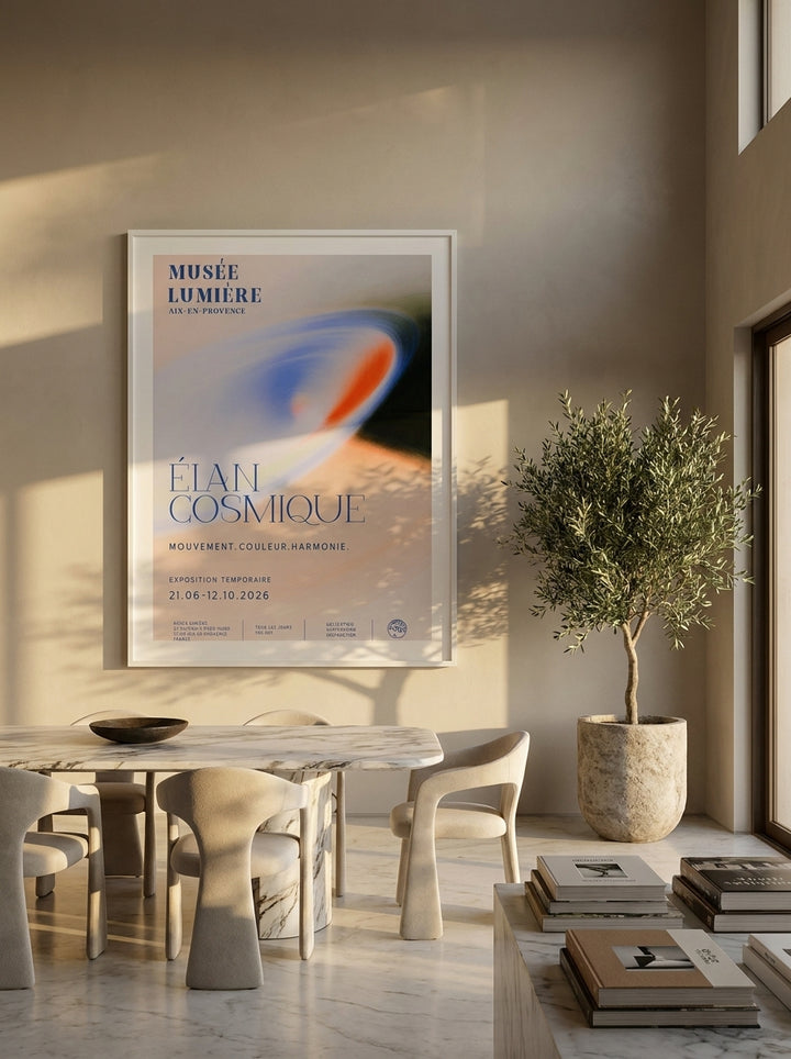 Oversized statement modern wall art print styled on the wall in a luxe dining room