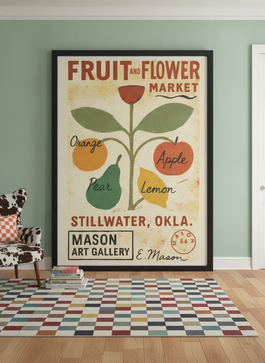 Oversized statement modern wall art print leaning against the wall in a colourful eclectic dining room