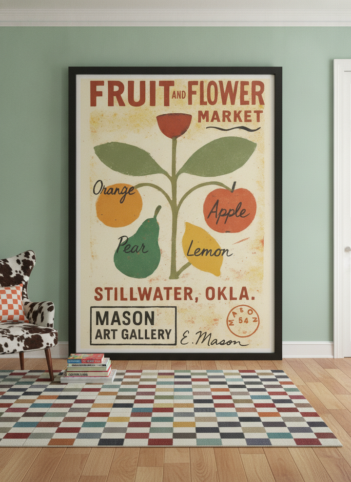 Oversized statement modern wall art print leaning against the wall in a colourful eclectic dining room