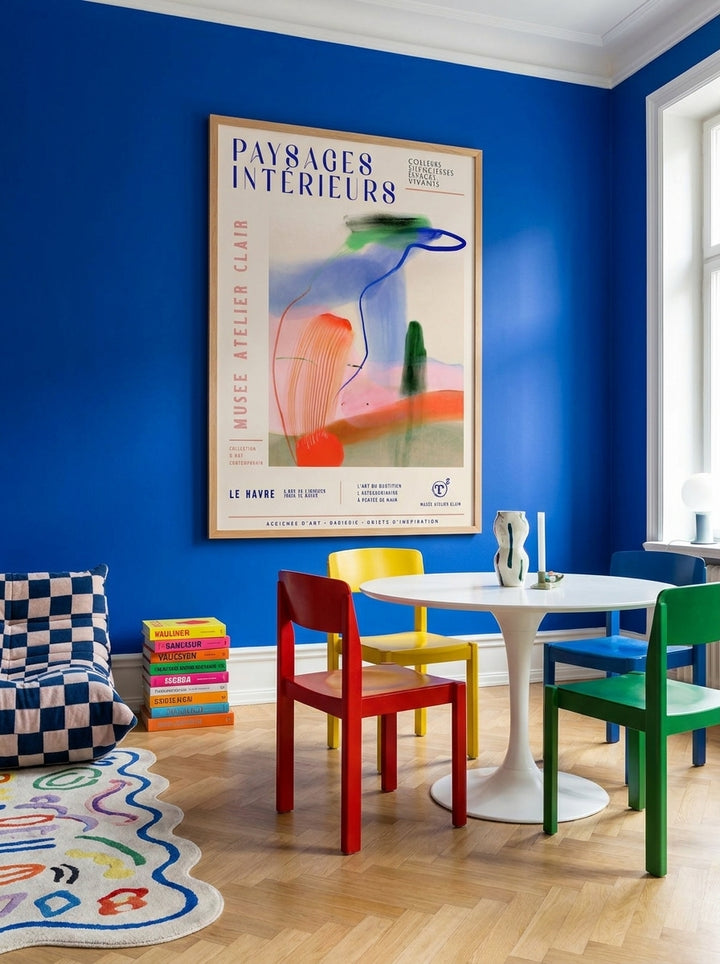 Oversized statement modern wall art print styled on the wall in a colourful eclectic dining room