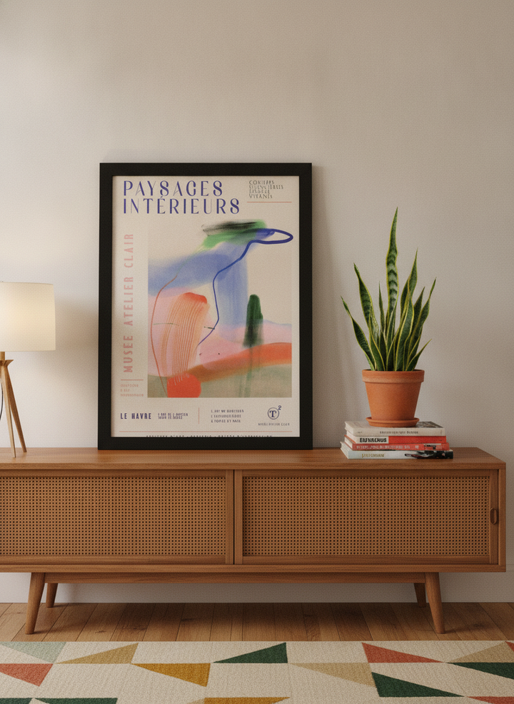 Modern wall art print standing on a sideboard in a mid-century home office
