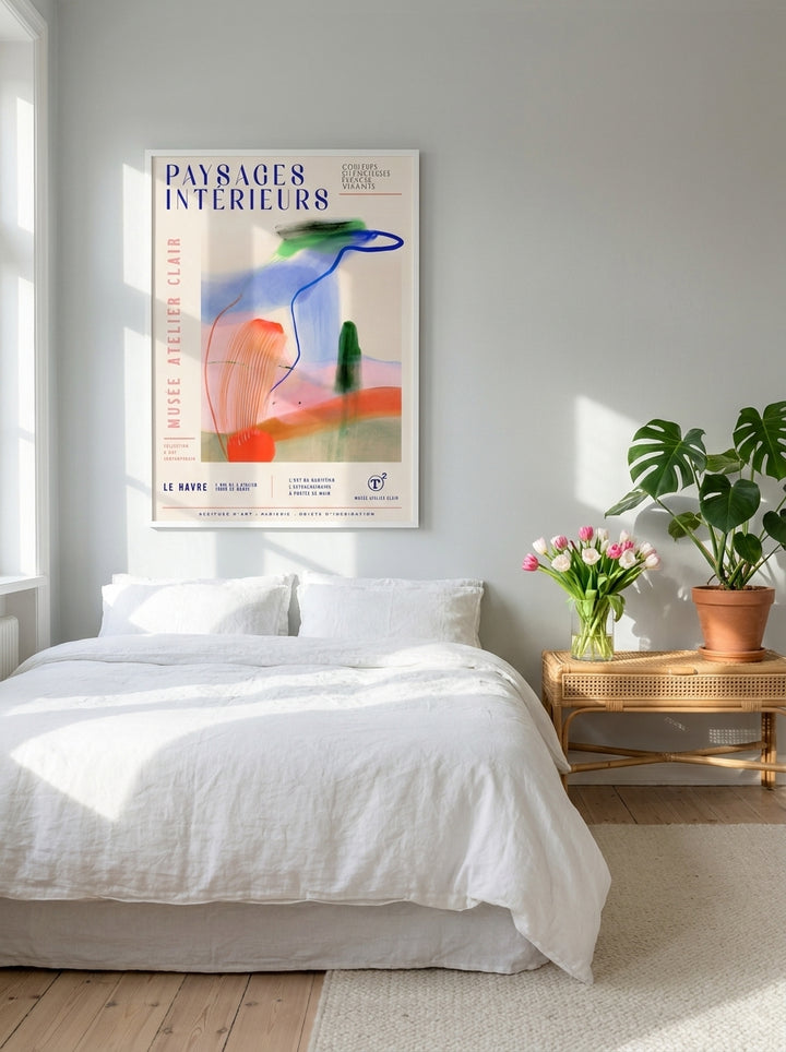 Modern wall art print styled on the wall in a bright Scandinavian bedroom