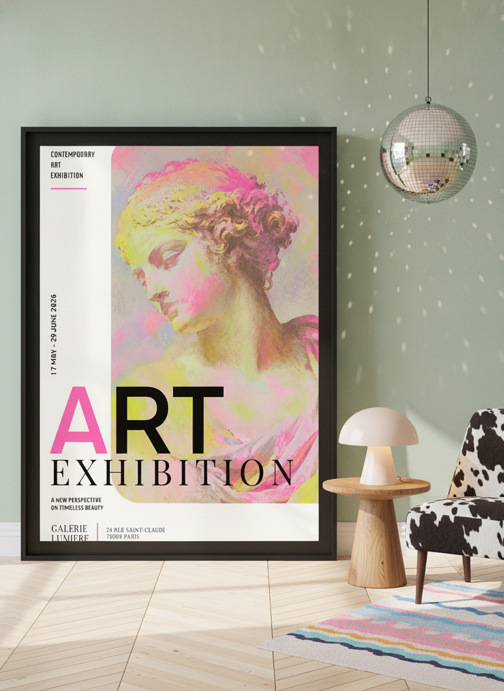 Oversized statement modern wall art print leaning against the wall in a colourful eclectic bedroom