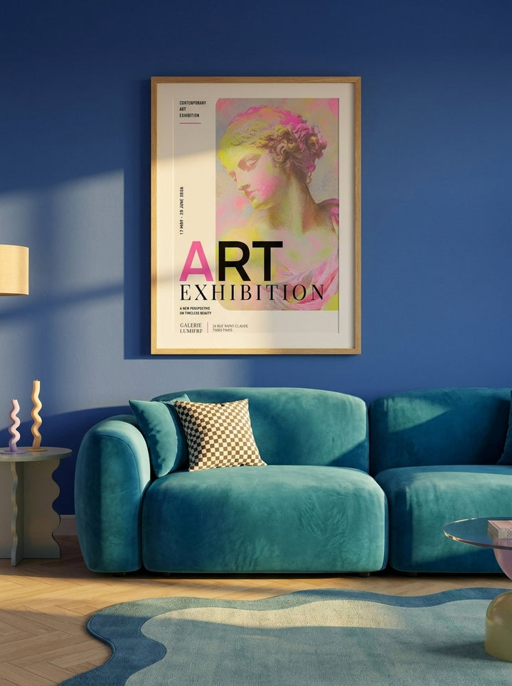Modern wall art print styled on the wall in a colourful eclectic living room