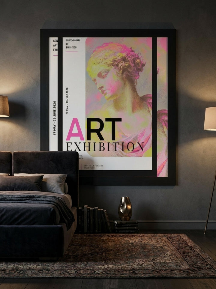 Modern wall art print styled on the wall in a moody bedroom