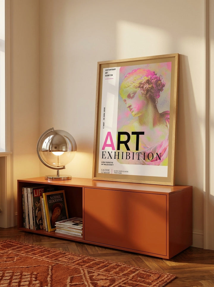 Modern wall art print standing on a sideboard in a retro 70s home office