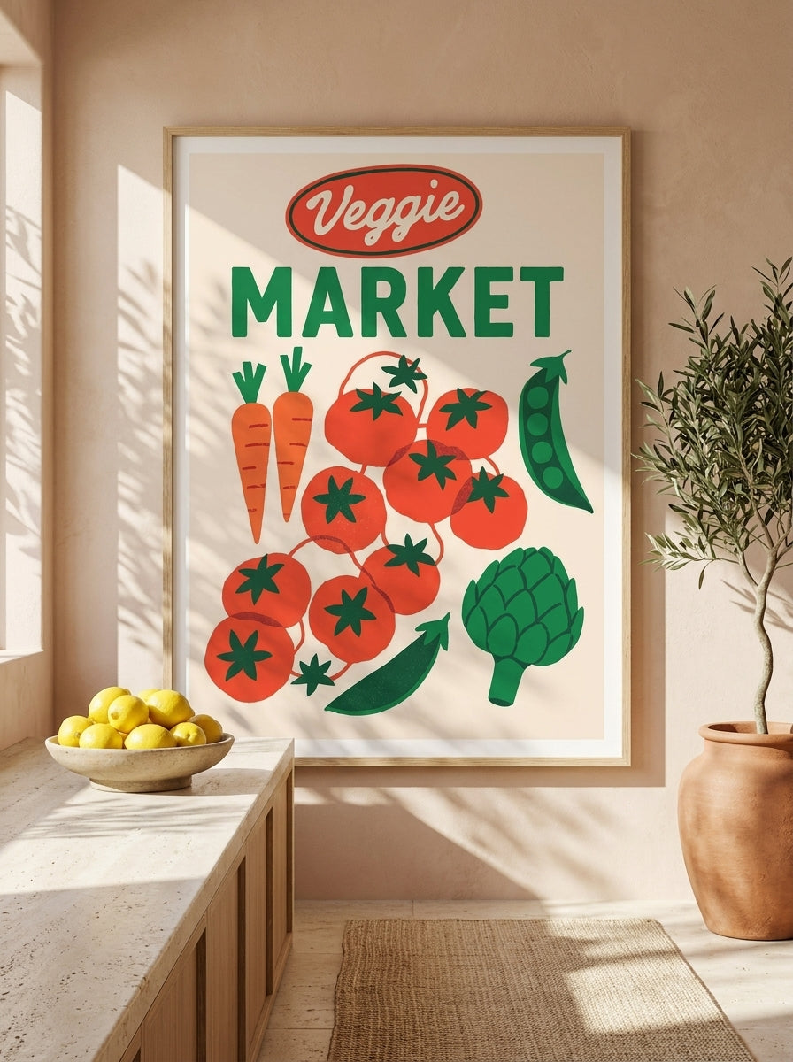Modern wall art print styled on the wall in a Mediterranean kitchen