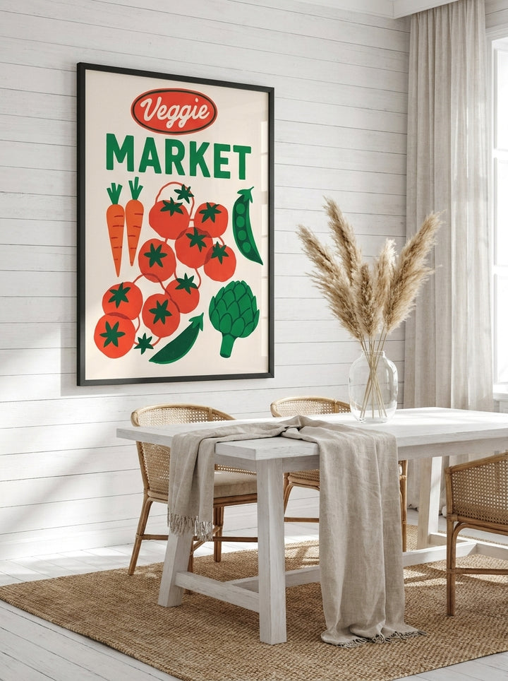 Oversized statement modern wall art print styled on the wall in a coastal dining room