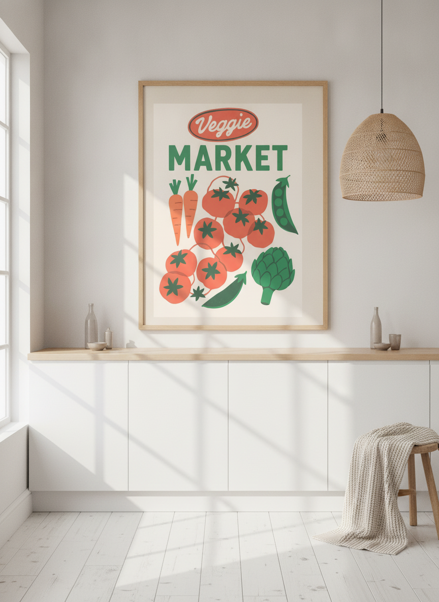 Modern wall art print styled on the wall in a bright Scandinavian kitchen
