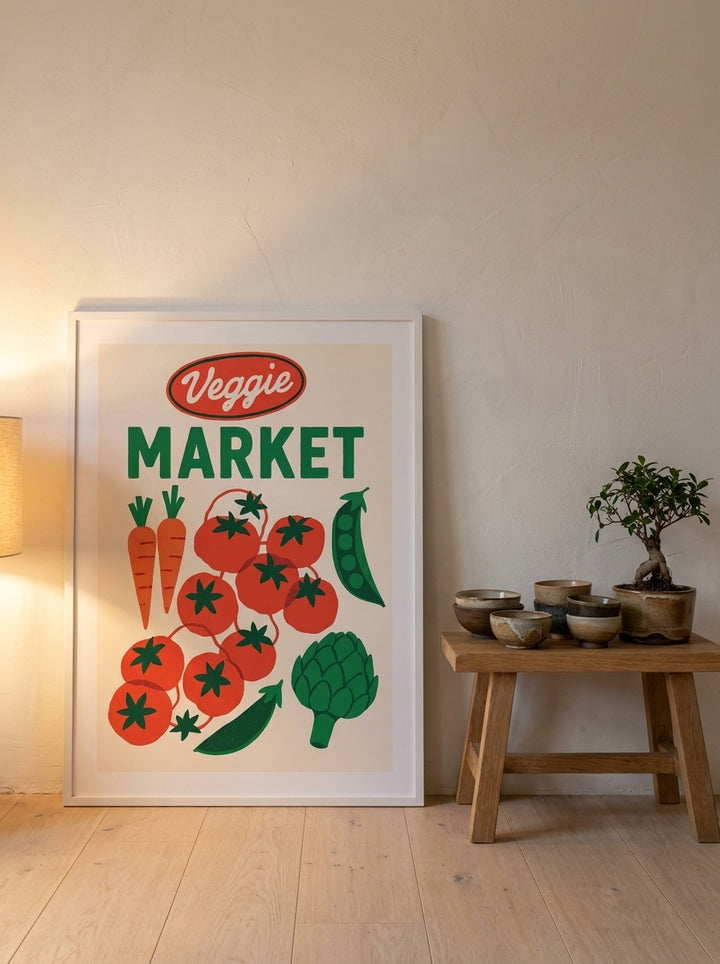 Modern wall art print leaning against the wall in a warm Japandi living room