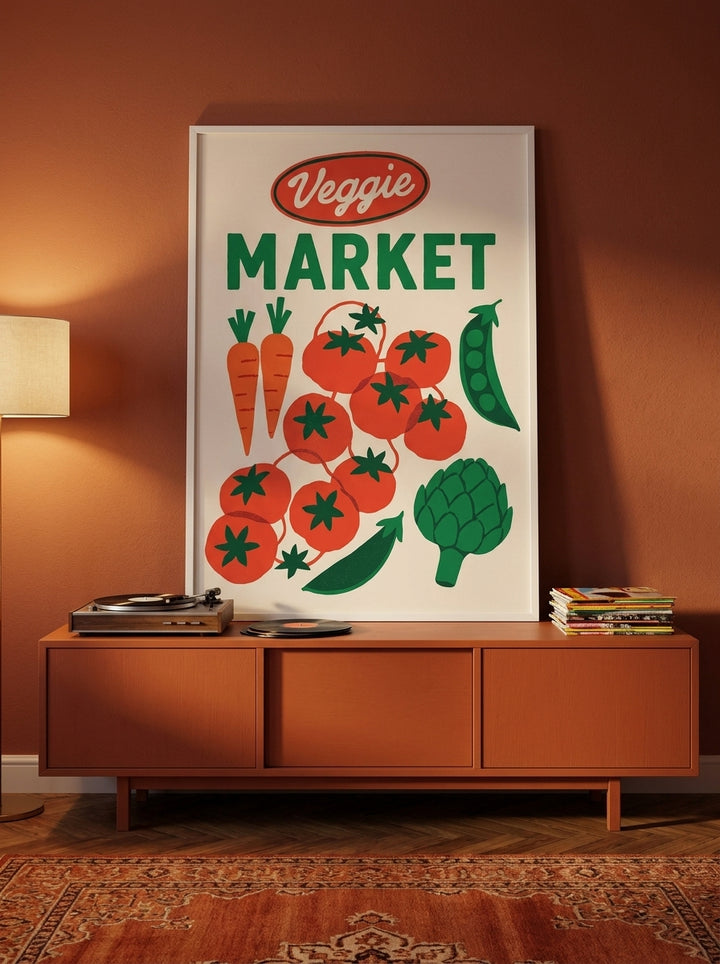 Modern wall art print standing on a sideboard in a retro 70s living room