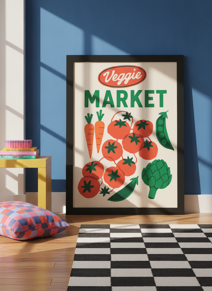 Oversized statement modern wall art print leaning against the wall in a colourful eclectic dining room