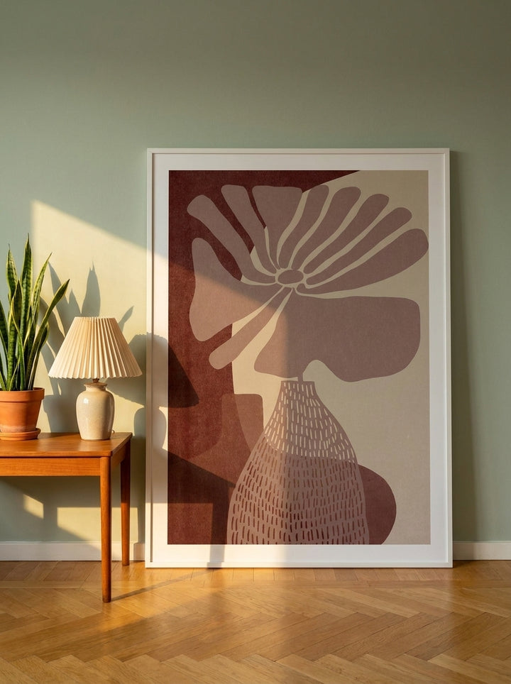 Oversized statement modern wall art print leaning against the wall in a mid-century living room