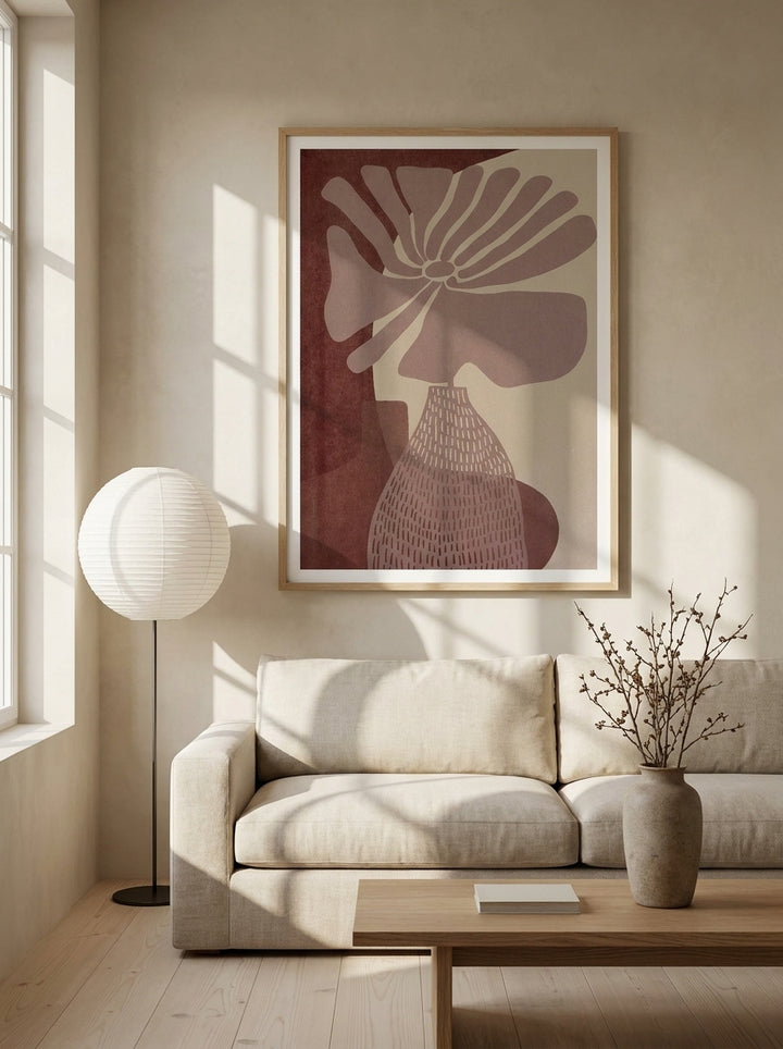 Modern wall art print styled on the wall in a warm Japandi living room