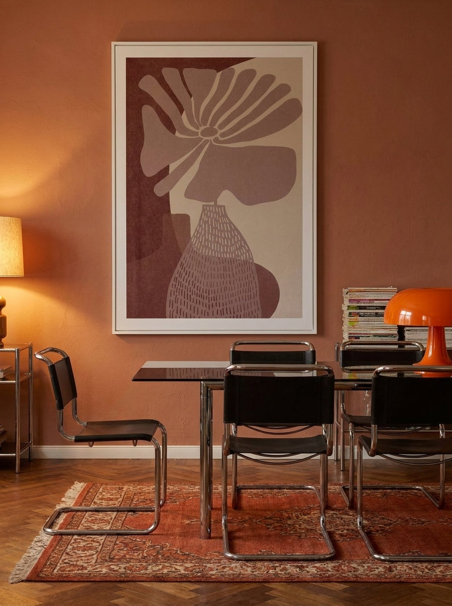Oversized statement modern wall art print styled on the wall in a retro 70s dining room