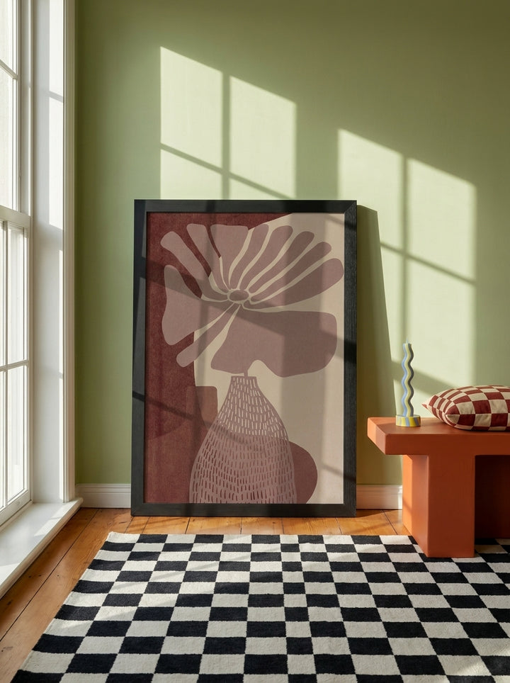 Modern wall art print standing on a side table in a colourful eclectic home office