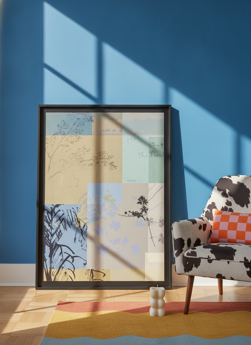 Modern wall art print leaning against the wall in a colourful eclectic living room