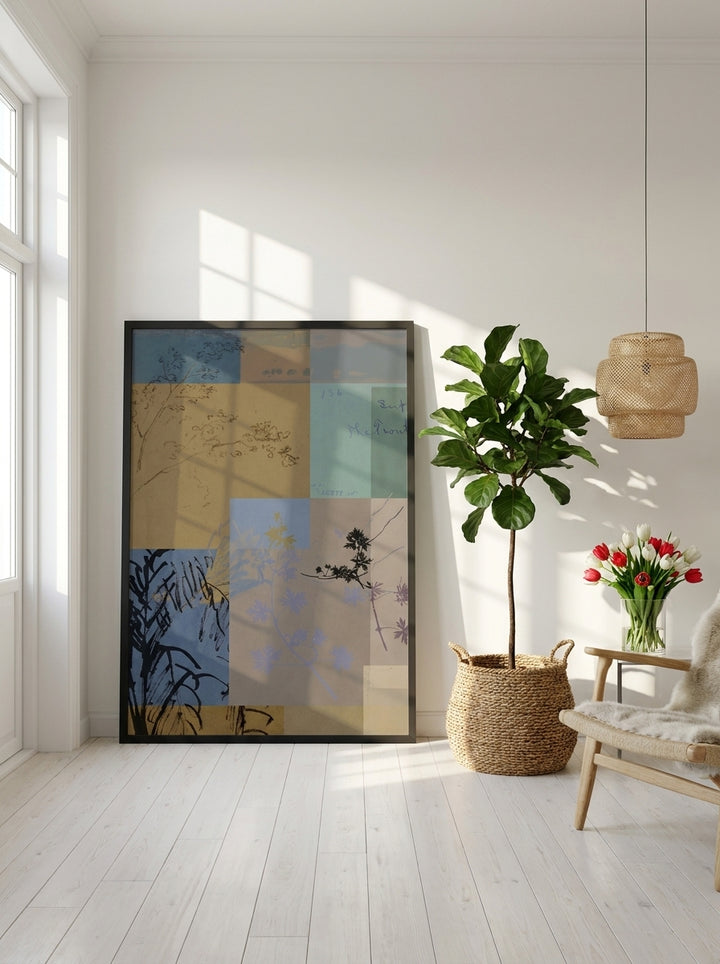Oversized statement modern wall art print leaning against the wall in a bright Scandinavian bedroom