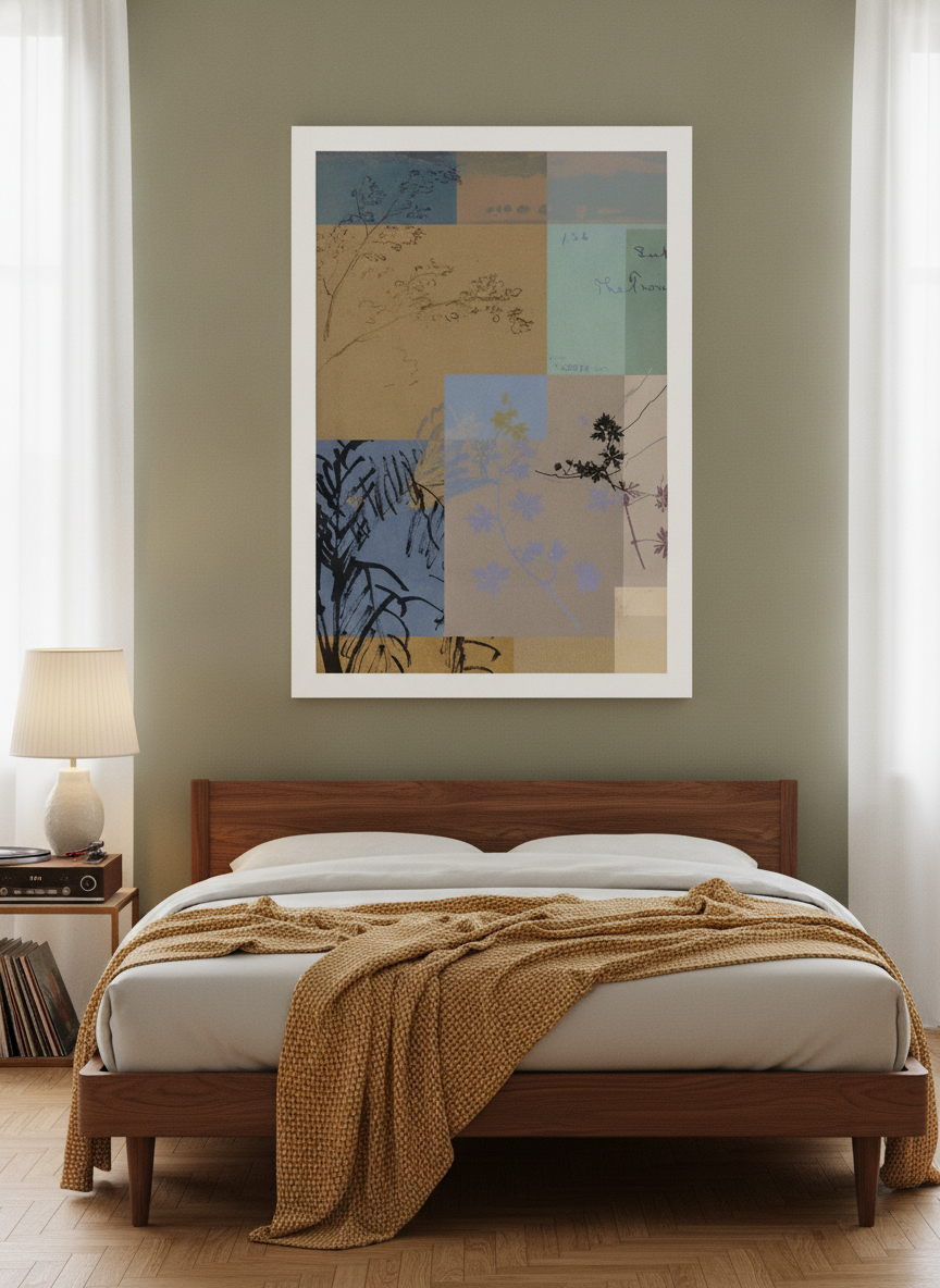 Modern wall art print styled on the wall in a mid-century bedroom