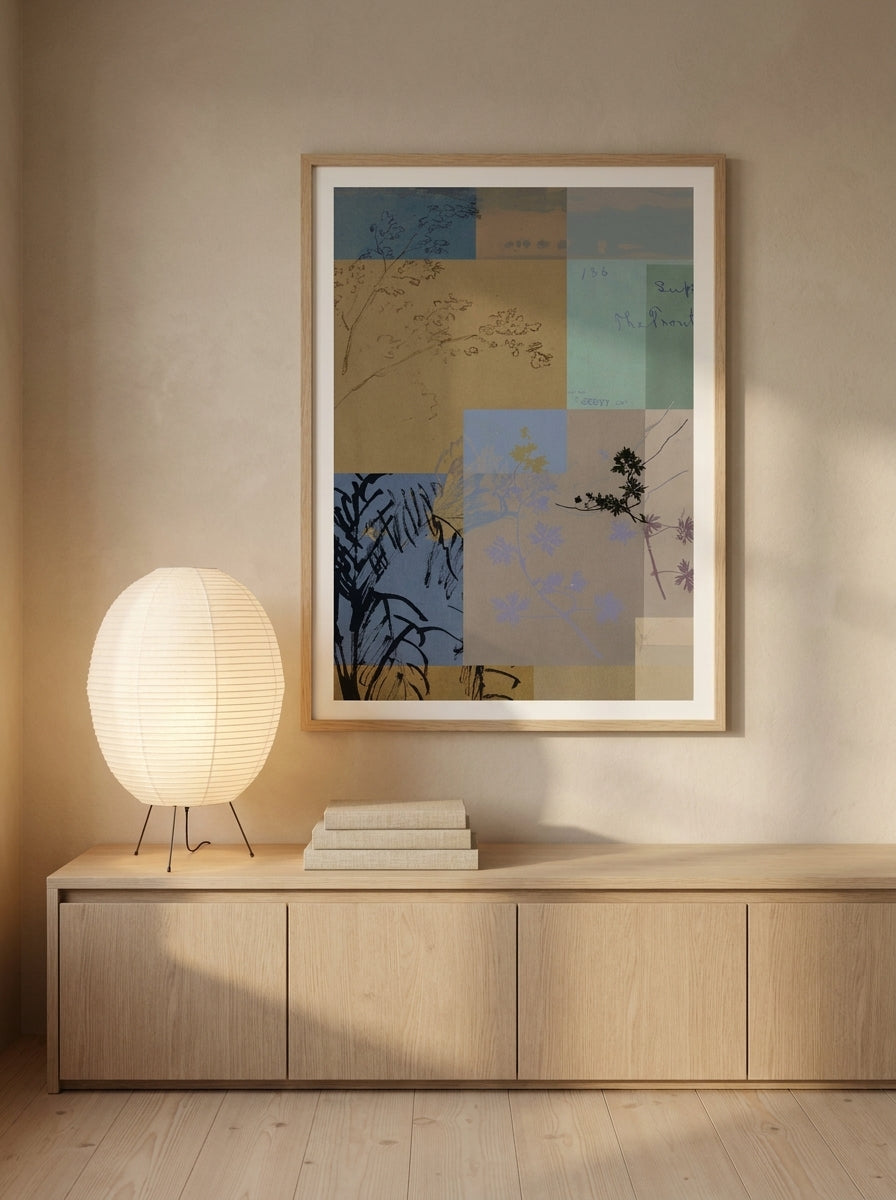 Modern wall art print styled on the wall in a warm Japandi living room