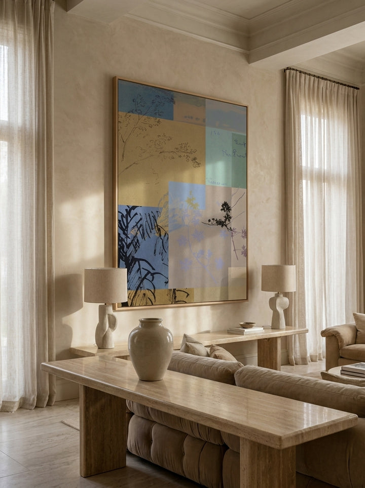 Oversized statement modern wall art print styled on the wall in a luxe living room