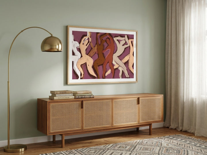 Modern wall art print styled on the wall in a mid-century living room