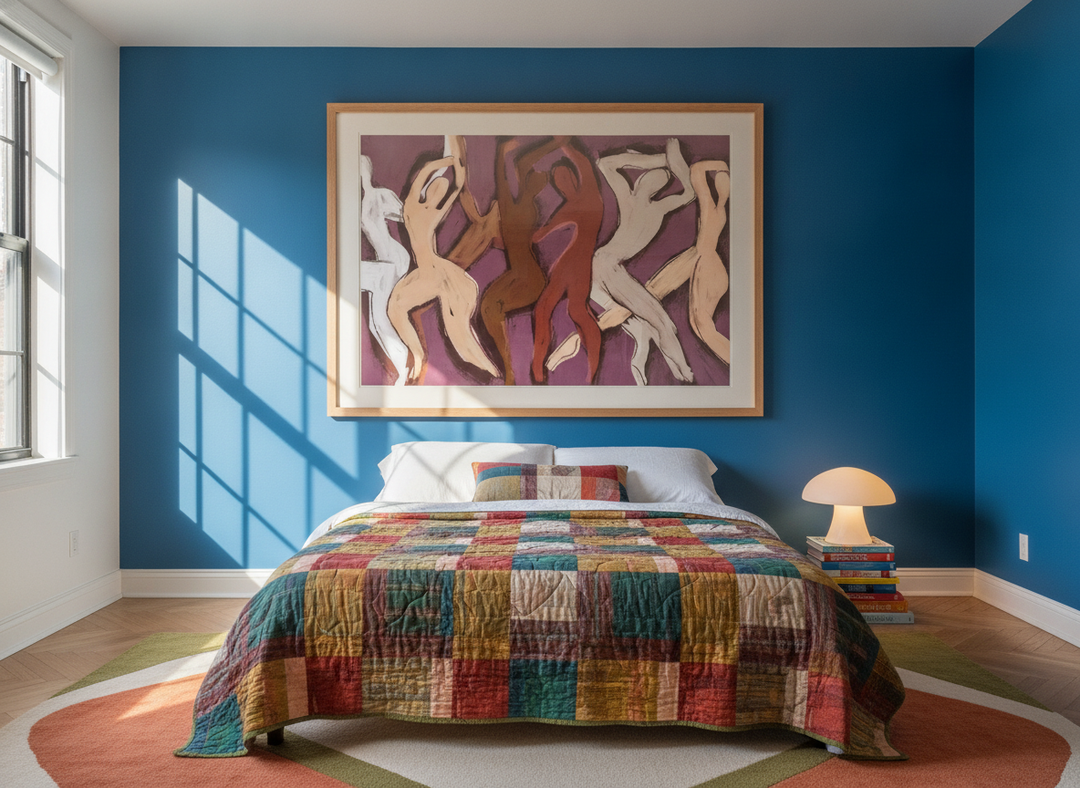 Oversized statement modern wall art print styled on the wall in a colourful eclectic bedroom