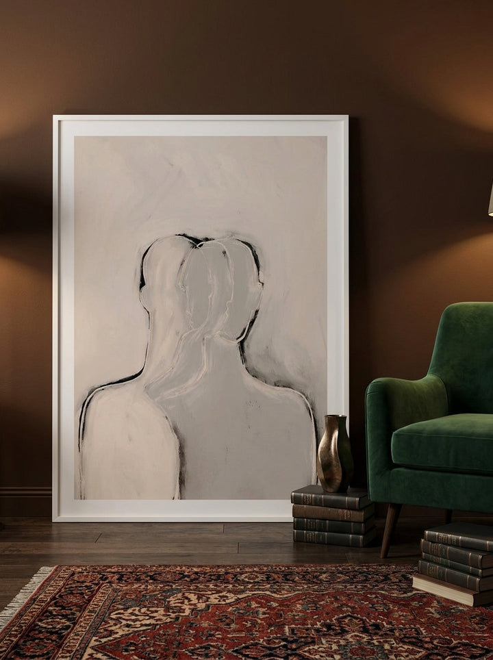 Modern wall art print leaning against the wall in a moody home office