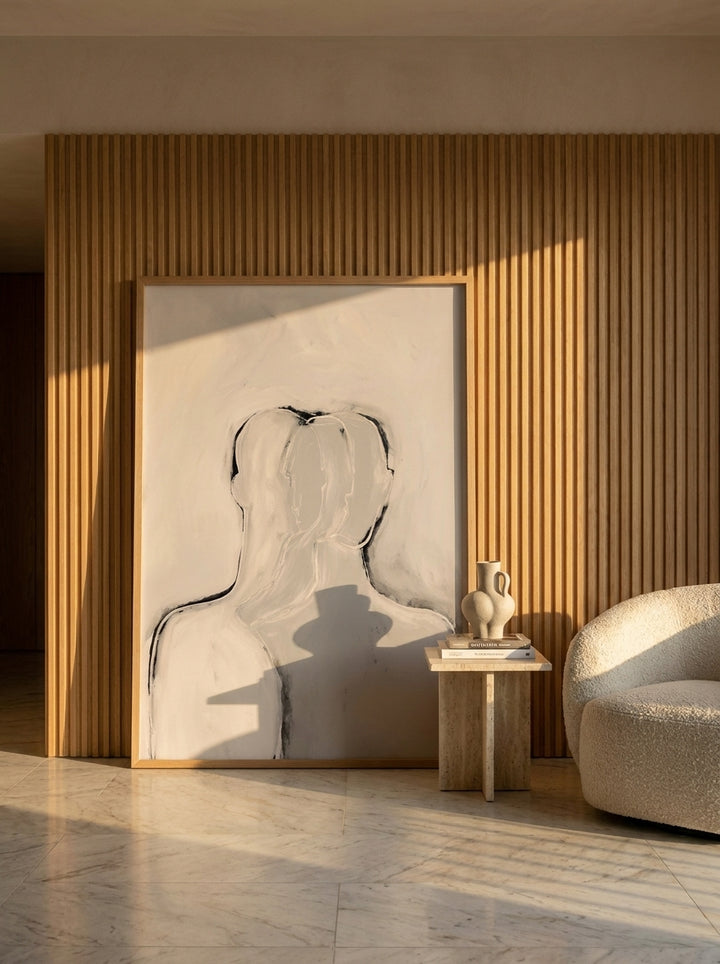 Oversized statement modern wall art print leaning against the wall in a luxe bedroom