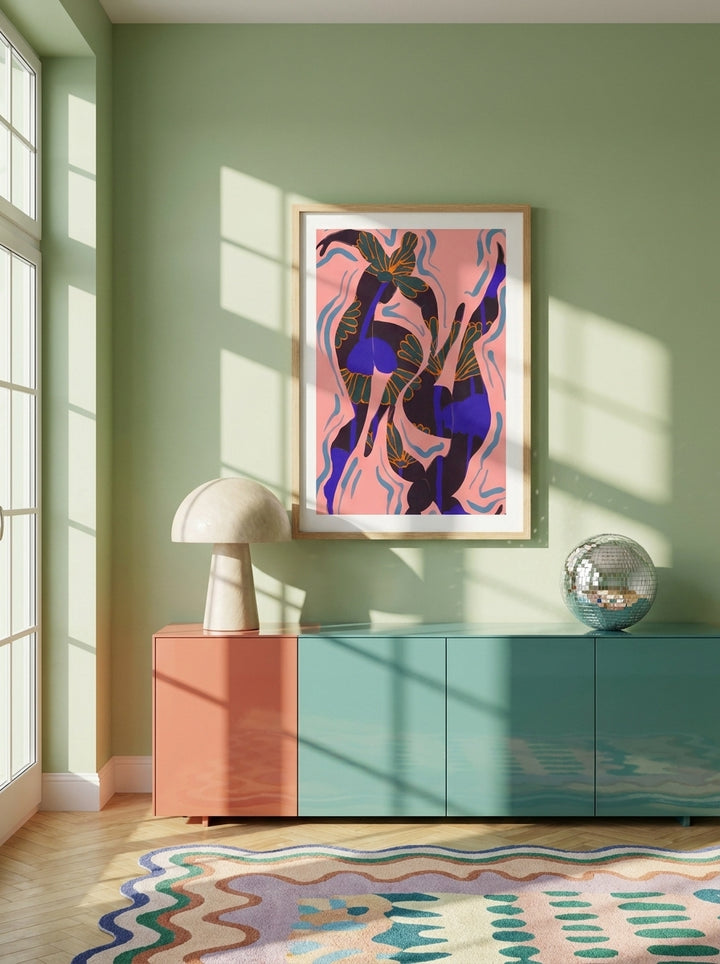 Modern wall art print styled on the wall in a colourful eclectic living room