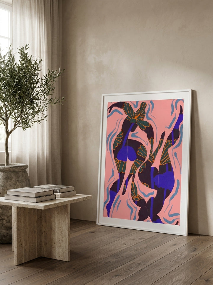 Modern wall art print leaning against the wall in a luxe bedroom