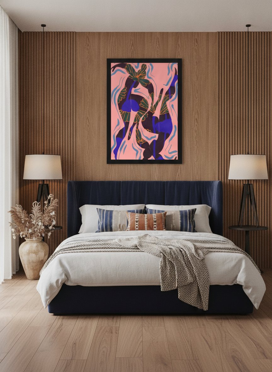 Oversized statement modern wall art print styled on the wall in a luxe bedroom