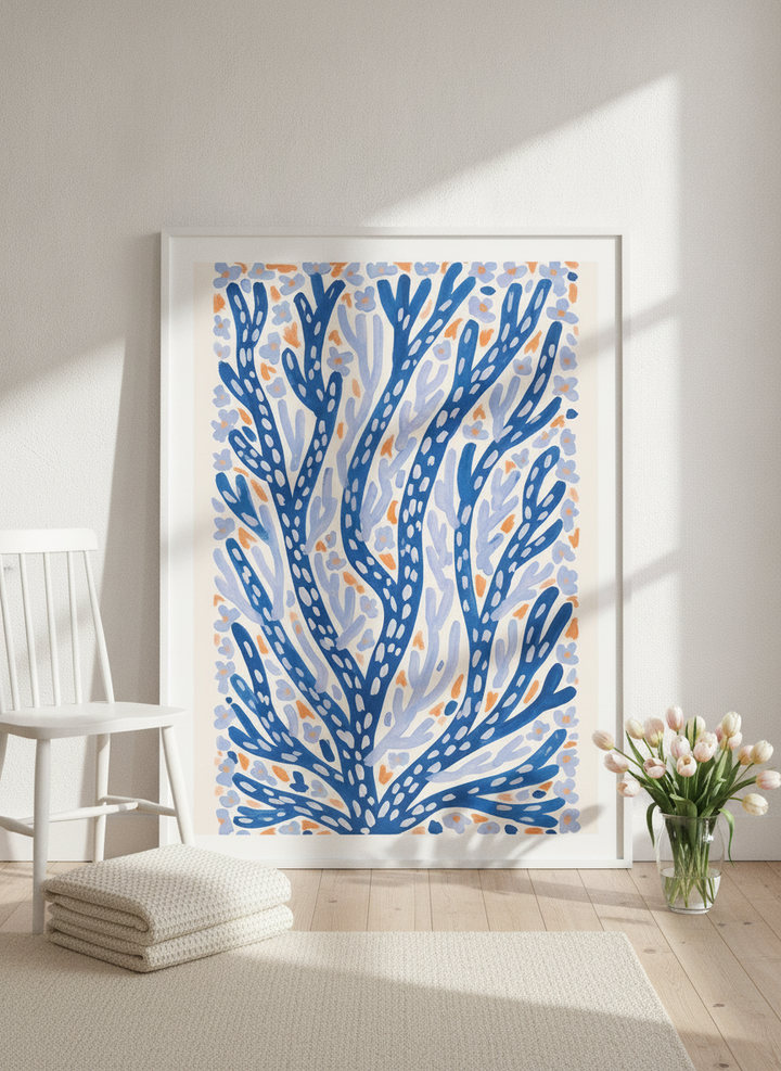 Oversized statement modern wall art print leaning against the wall in a bright Scandinavian dining room