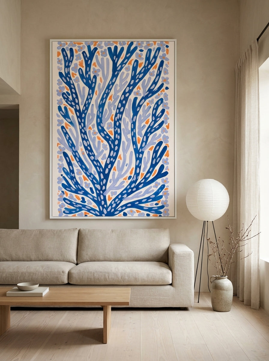 Oversized statement modern wall art print styled on the wall in a warm Japandi living room