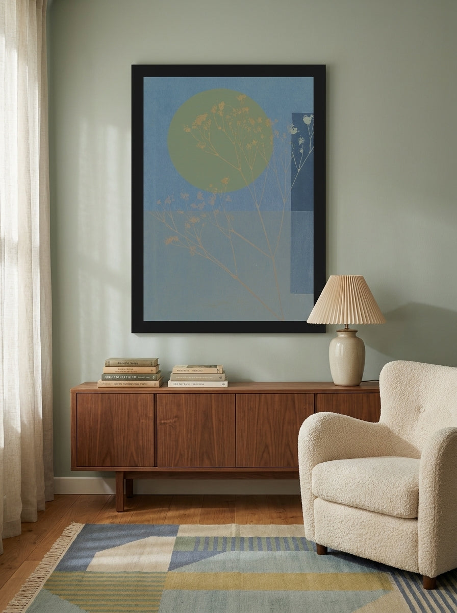 Modern wall art print styled on the wall in a mid-century living room
