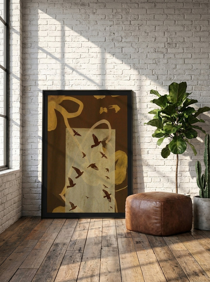 Modern wall art print leaning against the wall in an industrial loft living room