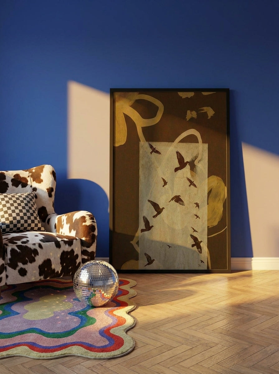 Oversized statement modern wall art print leaning against the wall in a colourful eclectic bedroom