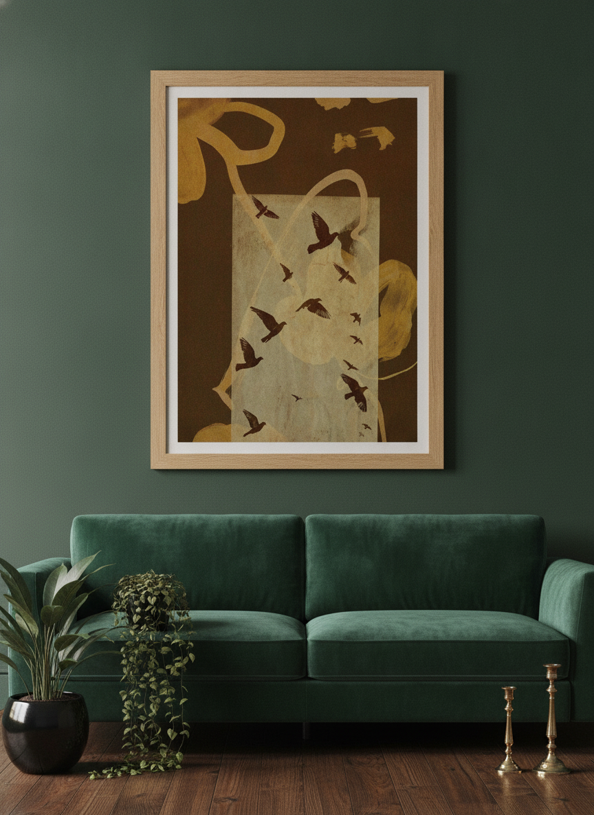 Modern wall art print styled on the wall in a moody living room