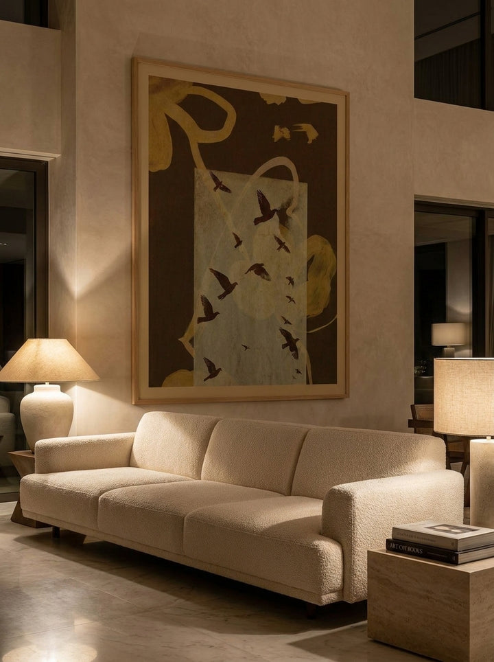 Oversized statement modern wall art print styled on the wall in a luxe living room