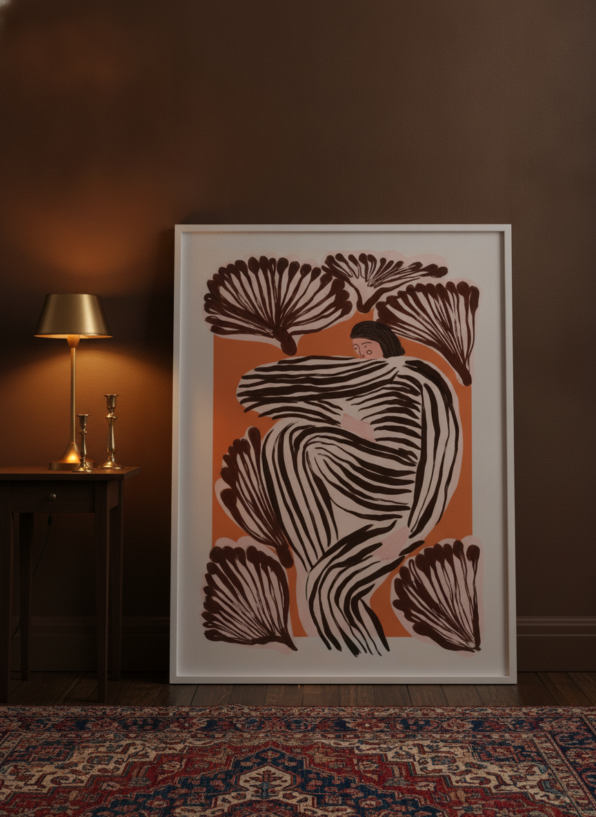 Modern wall art print leaning against the wall in a moody bedroom