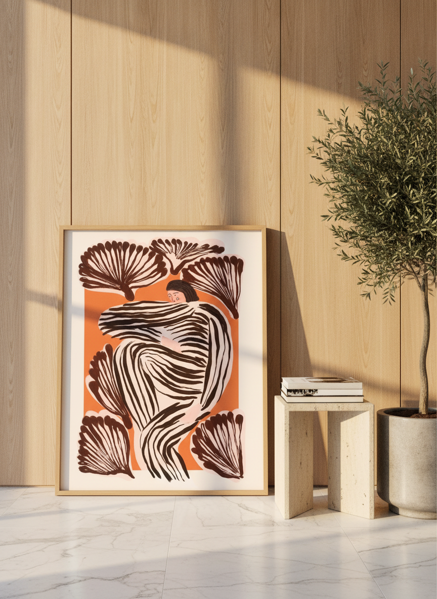 Modern wall art print leaning against the wall in a luxe dining room
