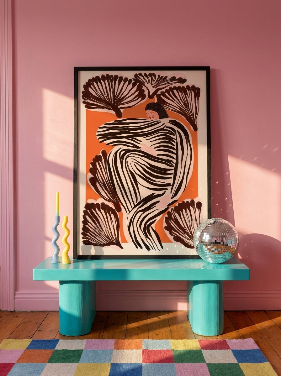 Modern wall art print standing on a side table in a colourful eclectic bedroom