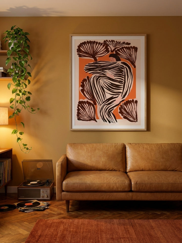Modern wall art print styled on the wall in a retro 70s living room