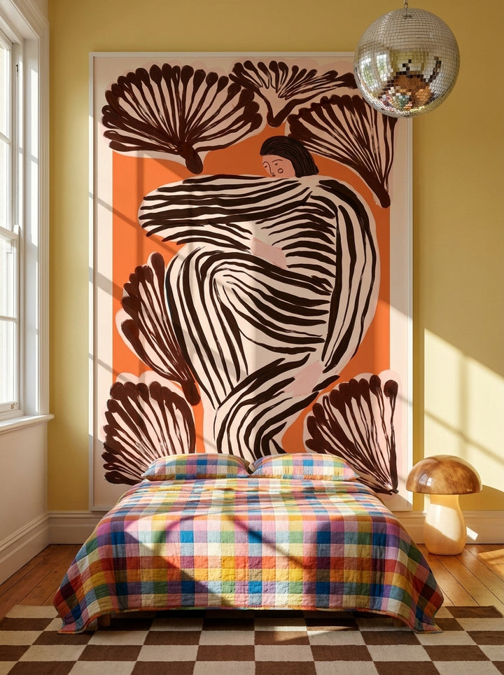 Oversized statement modern wall art print styled on the wall in a colourful eclectic bedroom