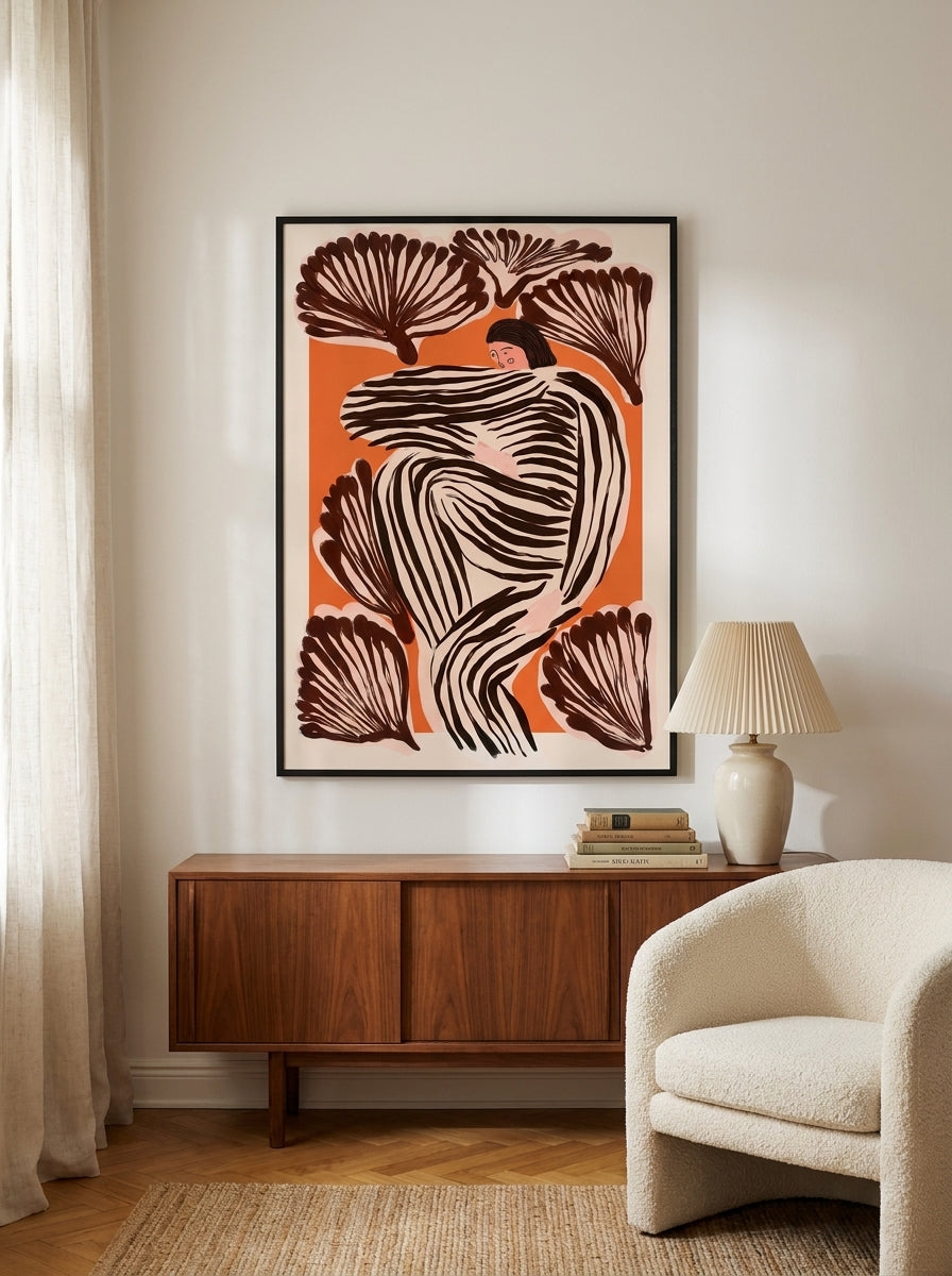 Oversized statement modern wall art print styled on the wall in a mid-century living room