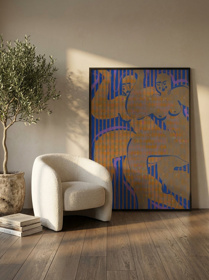 Oversized statement modern wall art print leaning against the wall in a luxe living room