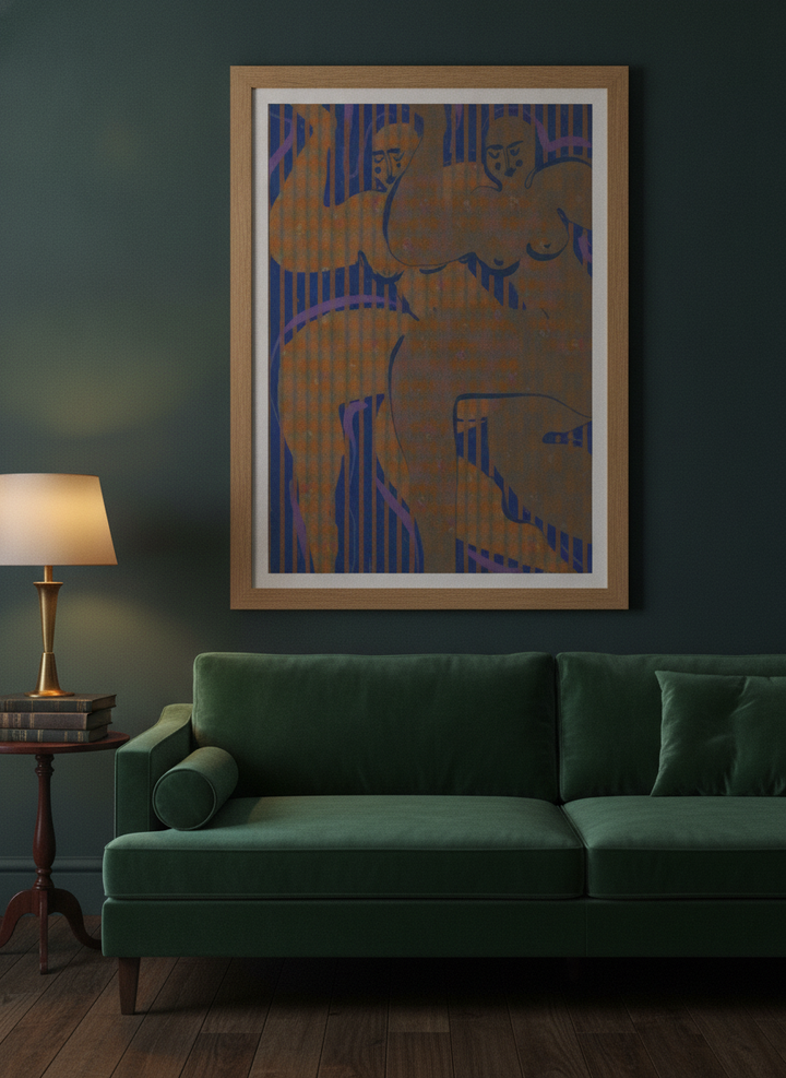 Modern wall art print styled on the wall in a moody living room