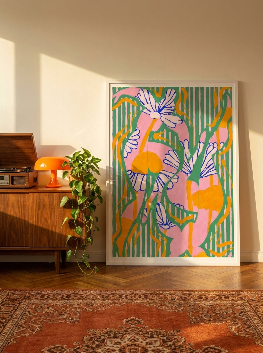 Modern wall art print standing on a sideboard in a retro 70s bedroom
