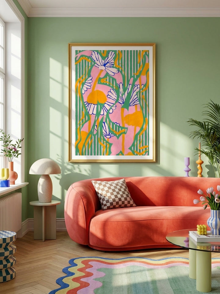 Modern wall art print styled on the wall in a colourful eclectic living room