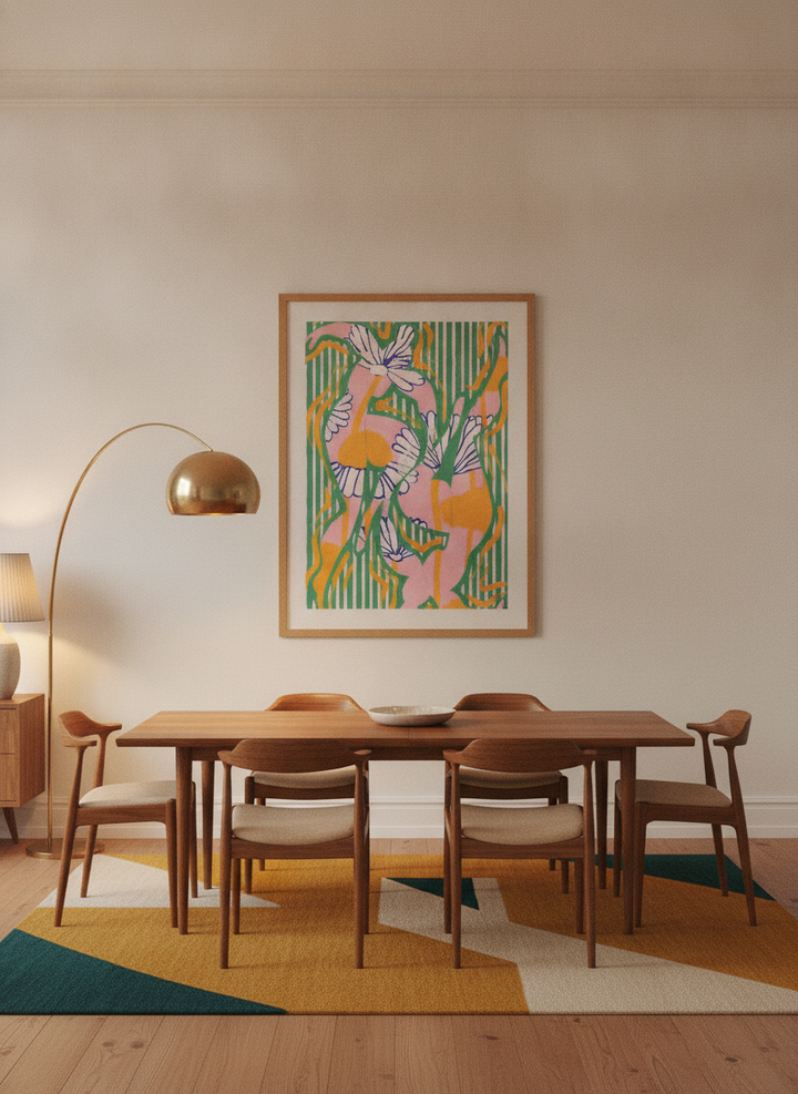Oversized statement modern wall art print styled on the wall in a mid-century dining room